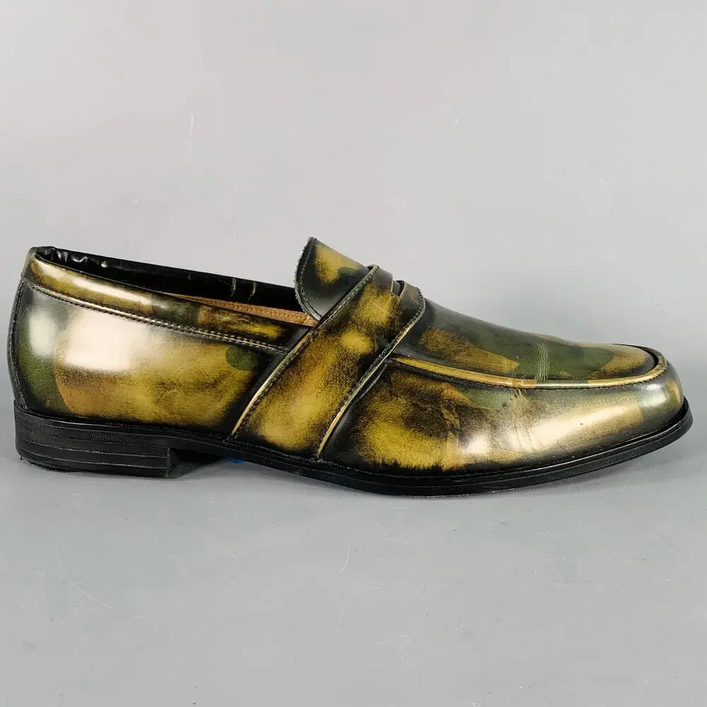 BAJOLUGO Size 10.5 Green Brown Camo Penny Loafers